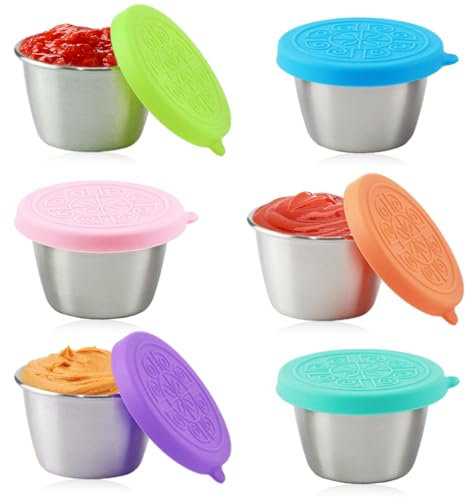 VicBou Salatdressing Behälter, 6x70ml Kleine Edelstahl Gewürzbehälter Frischhaltedosen mit Deckel Dressing Behälter, Wiederverwendbare Mini Saucenbehälter Snack Box Lebensmittelbehälter Set