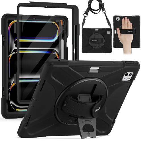 BRAECN para Funda iPad Pro 13 M4 2024, Carcasa Rugosa con Protector de Pantalla, Soporte de Rotación de 360°, Correa de Mano/Hombro, Carcasa Antichoque para iPad Pro 13, Negro