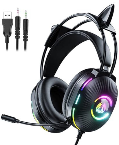 fesoklaf Gaming Headphones with MIC, Cute RGB Wired Headset with Noise Cancelling Mic,Over-Ear Earphones with Cat ears for Gamers/PC/Streamers/Cosplay (Black)