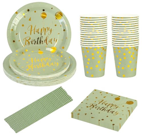 Lot de 125 pièces de vaisselle de fête en forme de queue de rat verte et dorée - 25 gobelets en carton pour invités - Assiettes en carton - Pailles en papier pour fête d'anniversaire
