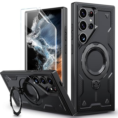 für Samsung Galaxy S22 Ultra Hülle, 360° Drehbarer Magnet Ständer Handyhülle mit Panzerglas,Militärische Stoßfest Ring Halter Schutzhülle für Samsung S22 Ultra Hülle 5G Armour Defense Case Panzerhülle