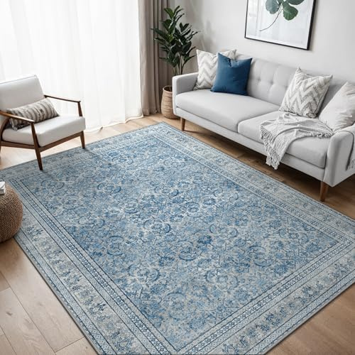 BEIMO Vintage Waschbarer Teppich Wohnzimmer, 160x230cm Blau | Boho Orientalisch, Großer Weicher Kurzflor Carpet mit Rutschfester für Küche und Bettvorleger Schlafzimmer