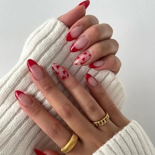Nude Red French Tip False Nails - Short Almond Press On Nails With Red Heart - Glossy Burgundy Stick On Nails - Full Cover Ellipses Fake Nails With Glue For Women Girls Valentine's Day Nail Art
