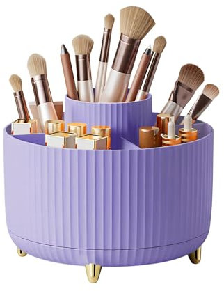 DASITON Large Capacity Makeup Brush Holder,360° Rotating Makeup Organiser,5 Slot Makeup Brushes Cup,for Vanity Decor,Bathroom Countertops,Desk Storage Container,Cosmetic Display Cases(Purple)