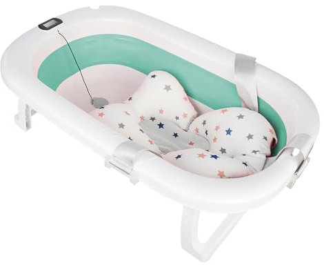 XANNI Faltbare Babybadewanne mit integriertem Thermometer, Babybadewanne mit Kissen, Baby-Badematte, tragbare Reisebadewanne für Babys und Kinder von 0 bis 24 Monaten, verfügt über Ablauflöcher