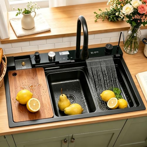 Kit Fregadero Multifuncional 75x45 Negro Acero Inoxidable, 1 Seno con Grifo Cascada Integrado, Incluye Tabla Cortar, Escurridor, Sifón y Desagüe Completo, Fregadero Inteligente para Encimera