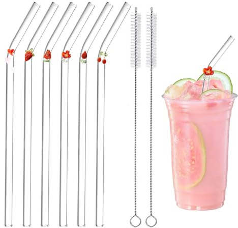 6 PCS Glass Straws with Different Charms, Cute Reusable Straws with 2 PCS Cleaning Brush, Bent Glass Straw for Smoothies Cocktail Juice Coffee Milkshakes, 20cm (Colour 2)