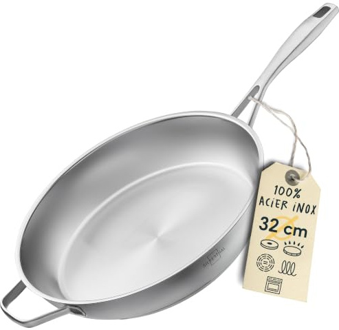 SILBERTHAL Edelstahlpfanne Unbeschichtet 32 cm PFOS & PFOA & PTFE frei | Stainless Steel Pan, 18/10 Edelstahl, backofenfest bis zu 400 °C, für alle Herdarten inkl. Induktion