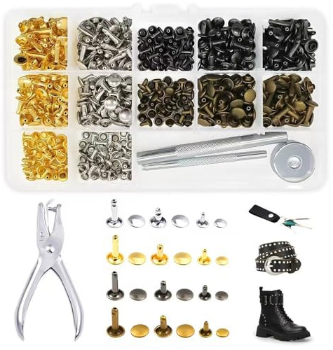HMCEY 360 PCS Rivets pour Cuir à Frapper,Double Capuchon Rivet Couture Tissus,Goujon Rivet Tubulaire en Métal,Frapper Réparation Rivets de Reliure à Tête Plate,Riveteuse Cuir pour DIY-12 mm,8 mm,6 mm