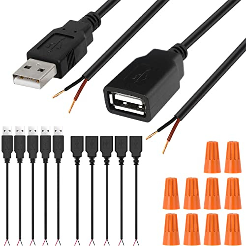 HAAMNING7 Connecteurs USB Câble Prise USB 2.0 à Souder Réparations Type A 2 Broches Femelle Mâle Adaptateur D'alimentation Jack Fil Ouvert Chargeur Cordon de Charge D'extension, 10 Pièces