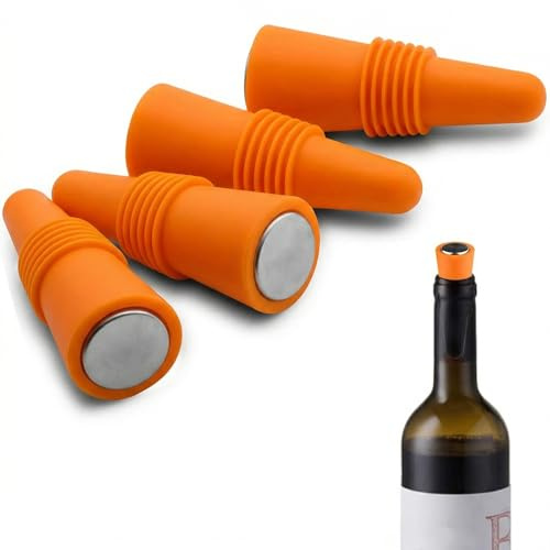 LYQNIHOB 4er Set Sektflaschenverschluss, Weinverschlüsse aus wiederverwendbarem, Flaschenstopper Wiederverwendbarer Kronkorken, mit praktischem Griffoberteil für Frische und Aromaerhaltung - in Orange