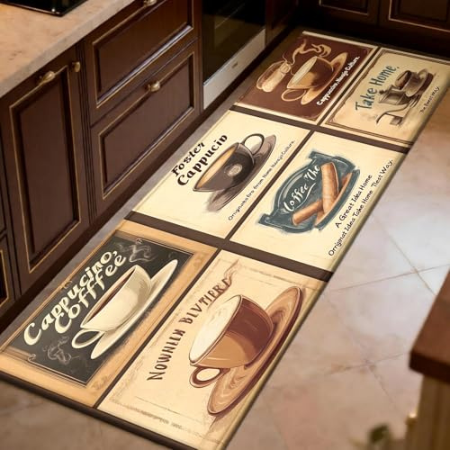 Küchenläufer 55 x 180 cm Kunstcafé-Poster rutschfest und waschbar, Kurzflor Küchenteppich Café Teppich für Flur, Küche, Wohnzimmer und Esszimmer