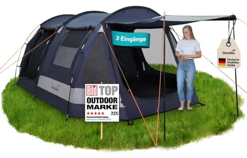 Skandika Kambo Tunnelzelt für 6 Personen | XL Familienzelt für Camping, 2 m Stehhöhe, Dunkle Schlafkabine, wasserdicht, 3000 mm Wassersäule, Sonnendach | großes Campingzelt, Festival Zelt für 6 Mann