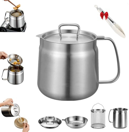 Contenitore Filtro Olio 2 in 1 in Acciaio Inox 304, Mini Friggitrice da Cucina con Cestello e Filtro a Maglia Fine per Grasso e Frittura, Pentola Friggitrice per Casa e Camping (1 L)