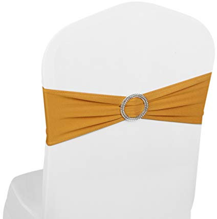 Elastic Stretch Spandex Chair Covers Sashes Bands With Buckle Bows For Wedding Home Party Suppliers Decorations (Gold, 50PCS)