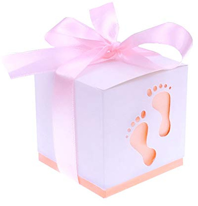 JZK 50 x Pink footprint paper baby shower favour boxes for girl baby shower girl birthday party christening baptism newborn party