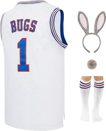 Herren #1 Bugs #10 Lola Basketballtrikot für Damen, Paare, Halloween, Cosplay, Kostüm, Filmoutfit mit Zubehör, Weiß 1, XX-Large