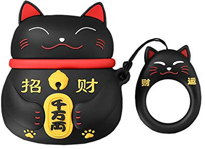 SGVAHY Süße Hülle für Airpods 1 & 2, Kreative Glückskatze Glücksbringer Design Case Kawaii Fun Cool Soft Silikon Skin mit Ring Schnalle Halter Wireless Charging Box Airpods 1 & 2 (Cat Black)