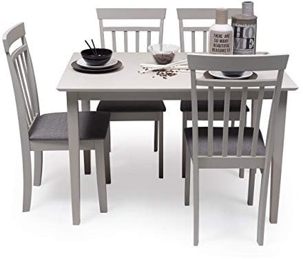 Homely - Conjunto de Comedor Kansas Gray Mesa de Comedor de Madera lacada en Gris de 112x72 cm y 4 sillas de Comedor de Madera lacadas en Gris y Asiento tapizado de Tela Gris Oscuro