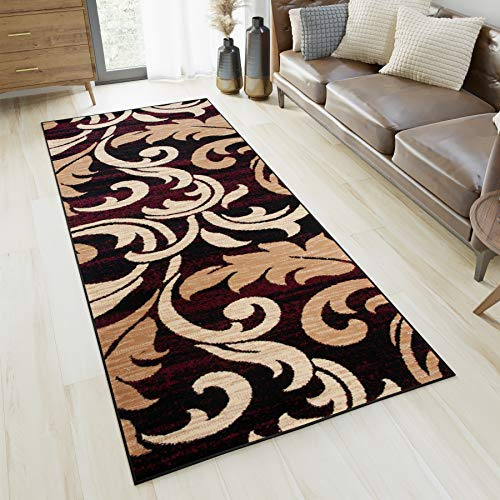 TAPISO Dream Läufer Flur Teppich Kurzflor Modern Brücke Schwarz Creme Beige Rot Floral Vintage Muster Schlafzimmer Wohnzimmer ÖKOTEX 70 x 300 cm