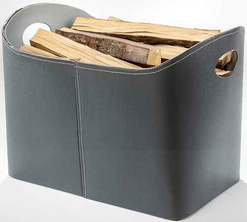 Kobolo Holzkorb für Kaminholz Aufbewahrungskorb - Kunstleder - grau - 49x31x29/35 cm