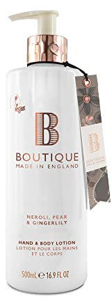 Boutique Neroli, Pear & Gingerlily Fragrance Hand & Body Lotion 500ml – Vegan Body Moisturiser with Essential Oils, Made in England – Lightly Scented Refreshing Hand & Body Care