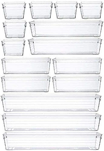 Grace Store - Bandejas de plástico transparente para organizar los cajones, ideales para maquillaje, útiles de cocina, joyas y accesorios (paquete de 15 bandejas)