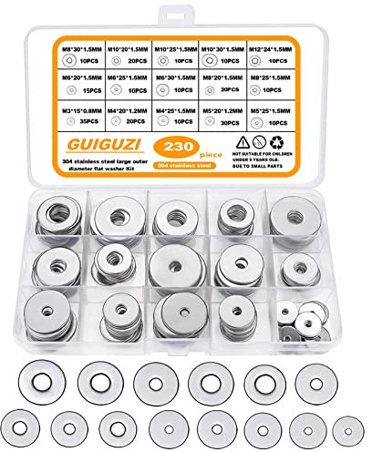 GUIGUZI Rondelles Plates, 230 pièces304 Acier Inoxydable Grandes Rondelles Metal, 15 tailles M3 M4 M5 M6 M8 M10 M12 pour la décoration de la maison Usines Cuisines Magasins et construction extérieure