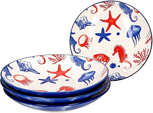 Ritzenhoff & Breker 4-teiliges Suppenteller-Set Seaside I Teller-Set für 4 Personen I Soup Bowl mit Seestern Dekor I Hochwertiges Geschirr-Set I 4 Porzellanteller mit Ø 21,5 cm & 450 ml