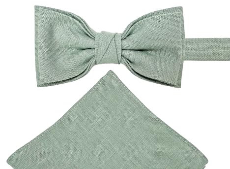 LINILI Leinen Fliege und Einstecktuch SET für Herren, Bereits gebunden und verstellbar- Handgefertigt in EU- Farbe: Helles Salbeigrün