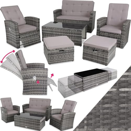 TecTake® Salon de Jardin Exterieur Lounge en Poly Rotin 6 Places 1 Canapé 2 Fauteuil Salon 2 Tabouret Pouf et 1 Table de Jardin, Dossier inclinable Mobilier de Jardin pour Amenagement Balcon