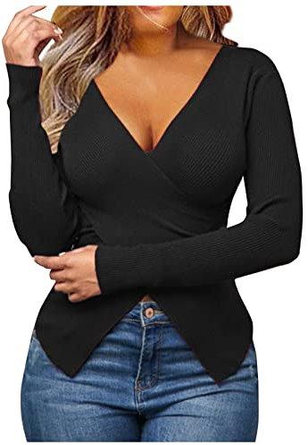 Tops Femme Chemisier Cache-CœUr Croisé à Col en V Profond Tops Décontractés à Manches Longues De Couleur Unie IrréGulièRes Herm
