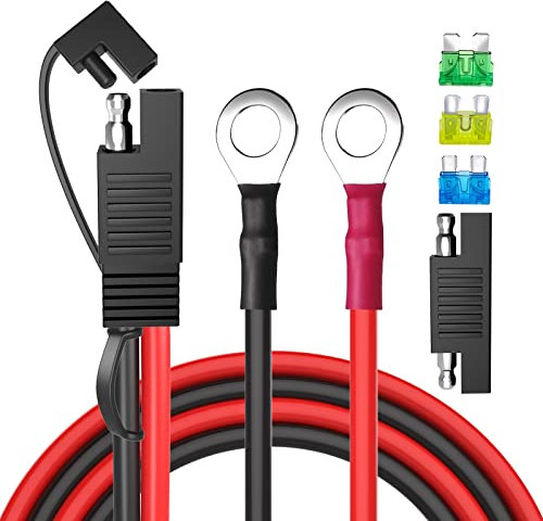 Cleqee SAE Battery Connector, SAE to O Ring Terminal Harness 10AWG 2Pin Quick Disconnect Battery Extension Cable with RP Adapter, 15A/20A/30A Fuses 3.3ft for Solar Panel, Motorcycle, Car, RV