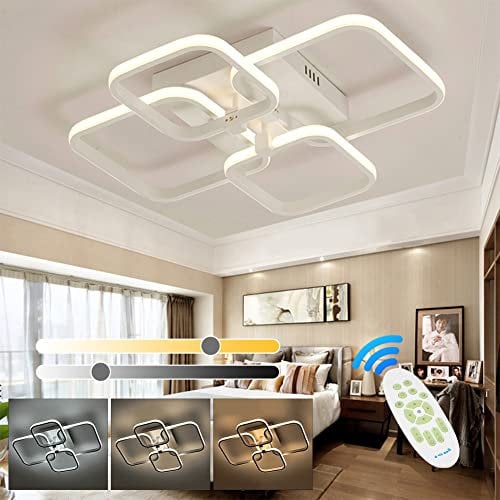 XEMQENER LED Dimmable Ceiling Lights with Remote, Chandelier with 4 Squares, Flush Mount Ceiling Lamp for Living Room, Kitchen, Office, Bedroom, Dining Room (2800k-6000k, White, 6-15㎡)