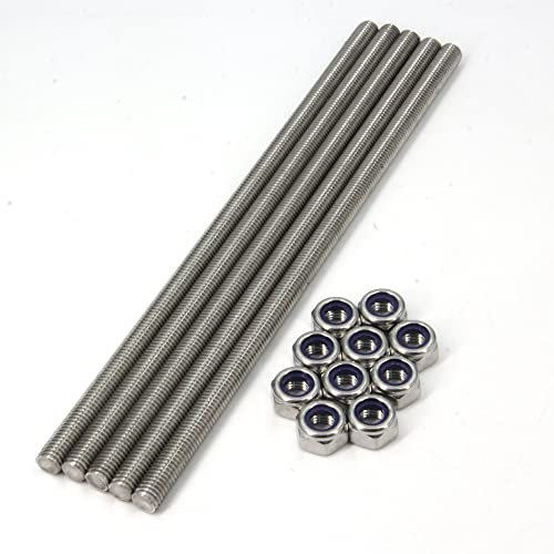 Zeberoxyz 5Stück M10x250mm Vollgewindestangen,304 Edelstahl Gewindestange,Rechtsgewinde 1,5mm Steigung mit Sicherungsmuttern für Schellen,Aufhänger,Ankerbolzen und U-Bolzen