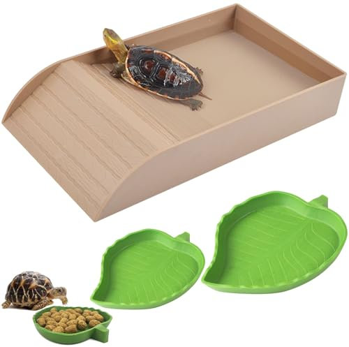 3 Stück Schildkröten-Futternapf mit Rampe und Baskenplattform, Blätter, Reptilien, Wasserschüssel, Teller, Reptilien, Pool mit Rampe, für Schildkröte, Bad, Amphibien, Lebensraum, Aquarium, Braun