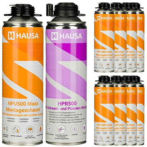 Hausa Mousse de Montage Mousse expansive 1K Grise HPU500 Maxx PROFESSIONAL 500ml et Détergent Hausa Mousse PU et Nettoyant pour Pistolet 500ml HPR500 Kit 9+1