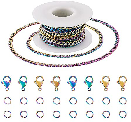 5 m 304 Edelstahl Regenbogen Panzerketten für Schmuckherstellung mit Verschlüssen & Biegeringe Armbandkette DIY Herstellung Kette 6,5 x 4,5 mm