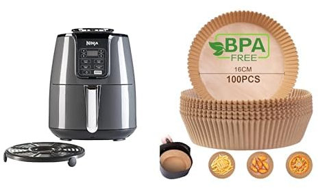 Ninja Friteuse Air [AF100EU] 4 Modes de Cuisson, Air Fry, Rôtissoire, Réchauffage & AiQInu Papier Sulfurisé Rond pour Air Fryer, 100 Pièces 16 cmPapier Cuisson Air Fryer Paper Liner