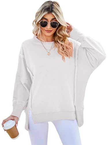 SotRong Sweatshirts for Women UK Oversized Pullover Sweatshirt Crewneck Long Sleeve Tops Baggy Loose Fit Teen Girl Y4K T Shirts with Side Split White L