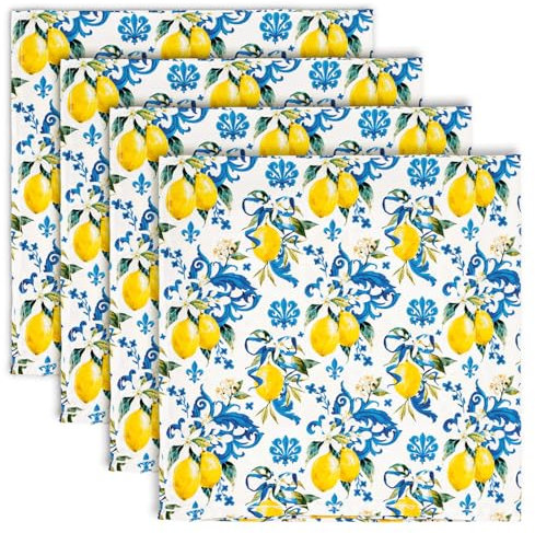 Whaline Zitronen-Stoffserviette, italienische Zitronenblaue Fliesen, wiederverwendbar, 45,7 x 45,7 cm, Küchentisch-Kollektion, für Party, Esstisch, Dekoration, 4 Stück