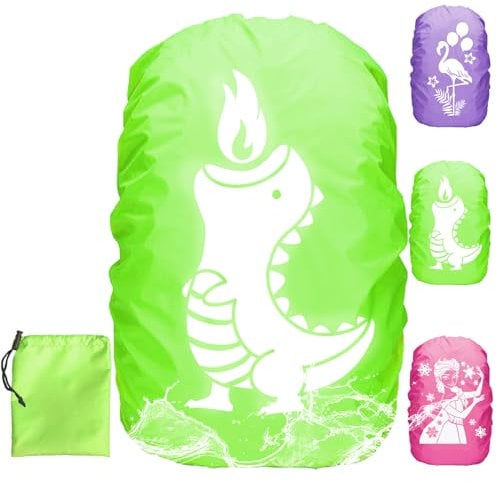 LUKIUP Regenschutz für Rucksack Schulranzen 30-40L, Regenschutz Schulranzen Dinosaurier, Reflektor Schulranzen Regenhülle Grün für Kinder auf dem Schulweg Wandern, Camping, Radfahren