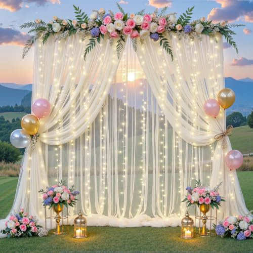 Elfenbeinfarbene transparente Hintergrundvorhänge mit Lichterketten für Pariten, Hochzeit, 3 x 2,4 m, Tüll-Hintergrundvorhänge für Babyparty, Geburtstag, Party, Brautparty, Weihnachten, Fotoshooting,