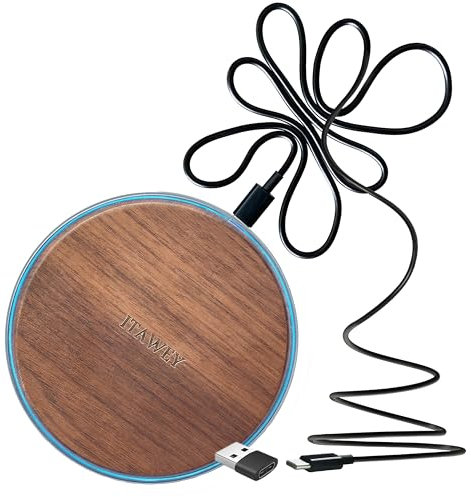ITAWEY 15W Wireless Charger in Walnut Wood, Long 1.5m Cable and USB Cable Adapter, Compatible with iPhone 15 14 13 12 11 XS XR X 8 Galaxy S23 S22 S21 S20 S10 S9 S8 S7, All Qi Phones