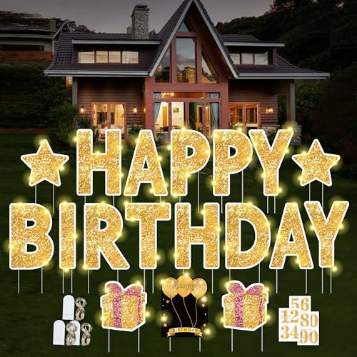 ComboJoy Lot de 18 panneaux « Happy Birthday » de 40,6 cm avec piquets, étoiles et ballons, décoration d'extérieur imperméable pour fête d'anniversaire, doré