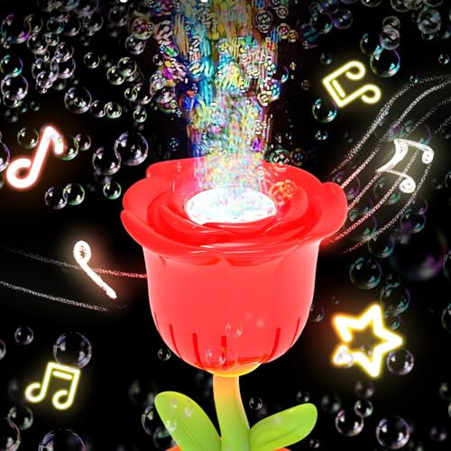 Seifenblasenmaschine Automatische Seifenblasenpistole mit LED & Musik für Kinder, 20.000+ Blasen/Minute, Blumen Seifenblasen Pistole mit Seifenblasen Flüssigkeit, Blasenspielzeug für Kinder (Rose)