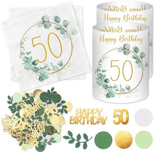 20 Stück Servietten 50 Geburtstag+ 12 Windlicht Tischdeko 50 + 100 Konfetti Deko Grün, Deko 50. Geburtstag Frau Mann, 50 Jahre Happy Birthday Tischdeko Eukalyptus