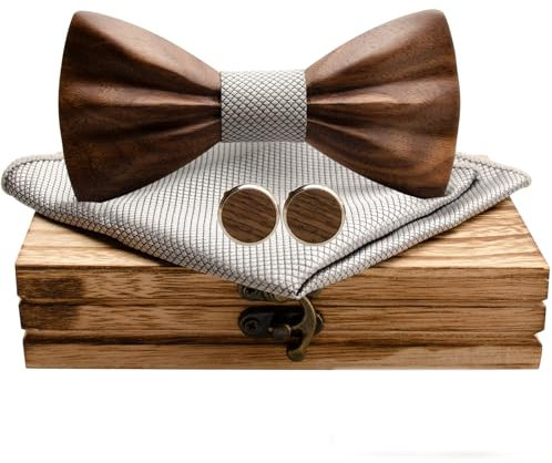 Mr.Van Holzfliege, Holz Fliege Herren 3D Natürliche Schwarze Walnuss Manschettenknöpfe Einstecktuch Set Bräutigam Trauzeuge Hochzeit Abschlussball mit Geschenkbox für Männer