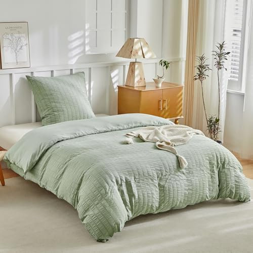 Tokokimo Seersucker Bettwäsche 155x220 - Salbei Grün Bettbezug 155x220 cm Microfaser 2teilig Sommer Bettwäsche Set mit Reißverschluss - und 1 Kopfkissenbezug 80x80cm mit Reißverschluss