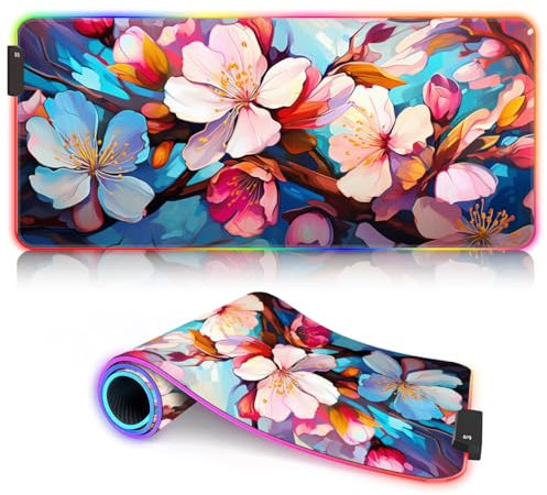 Tapis Souris Jeu XXL ROG avec Clavier et Souris - Fleurs Cerisier vibrantes - Tapis Souris Long et étendu (90 x 40 x 0,3 cm) - Tapis Clavier Bureau pour Ordinateur Portable, Table Bureau